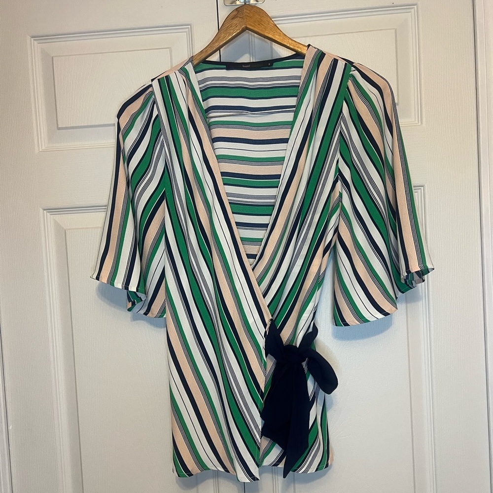 Anthropologie Hazel Stripe Navy Blue Pink Green White Wrap Blouse Shirt Size S